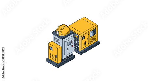 Isometric illustration of industrial power generator and control panel with hard hat.