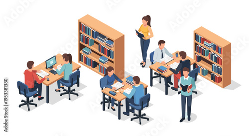 Isometric illustration of students and people studying and working in a library or office setting.