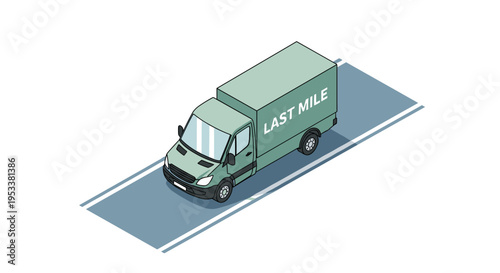 Isometric last mile delivery truck driving on a road.