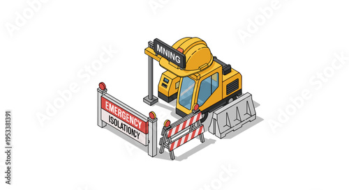 Isometric Mining Machine with Safety Barriers and Warning Sign.