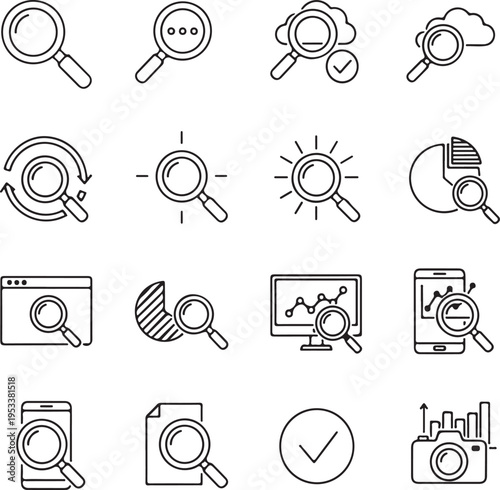 Line art icons of magnifying glass and search concepts  business and technology