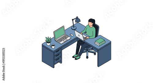 Man working on laptop at L-shaped desk in a modern office setting.