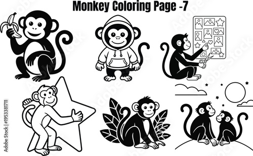 Monkeys in various poses and outfits on white background