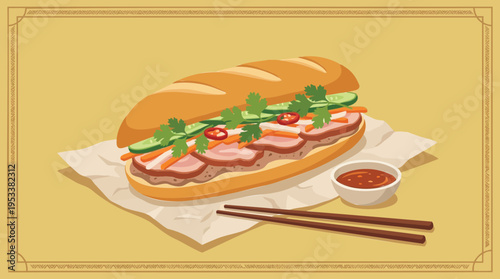 Appetizing Vietnamese baguette sandwich with savory pork, crisp vegetables, fresh herbs, and dipping sauce
