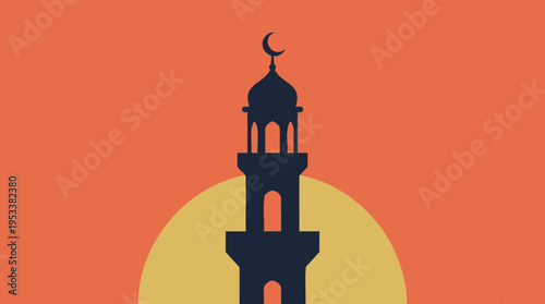 Stylized silhouette of a mosque minaret with crescent, glowing against a warm sun, symbolizing Islamic faith and heritage