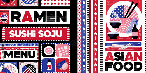 Stylized illustration of asian cuisine menu with ramen sushi and soju