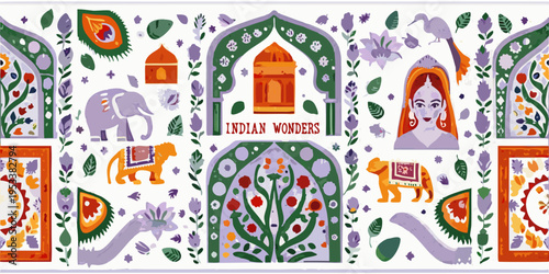 A vibrant illustration showcasing iconic indian motifs and architectural elements
