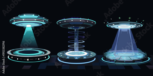 Three stylized flying saucers with glowing lights against a dark background