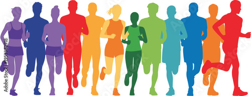 Running people silhouettes, colorful jogger group, fitness lifestyle illustration, marathon training concept, active men women, sport activity, healthy exercise vector design