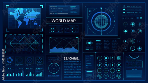 Futuristic interface displaying a world map and complex data visualizations