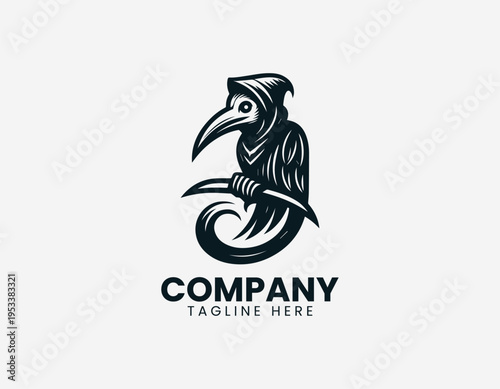 Plague doctor bird character with hood and curved blade in detailed black vector logo illustration style