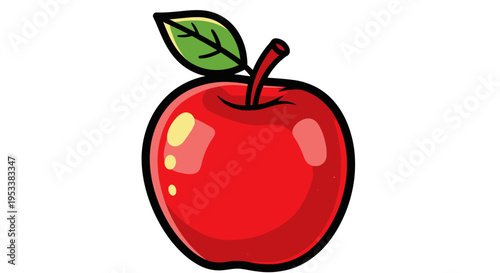 Fresh red apple with green leaf.
