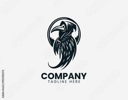 Plague doctor bird character with hood and curved blade in detailed black vector logo illustration style