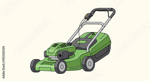 Green lawn mower with black handle.