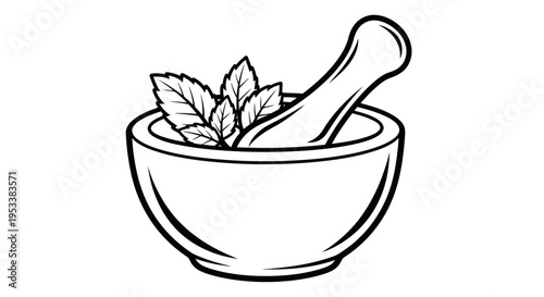 Mortar and pestle with green herbs.