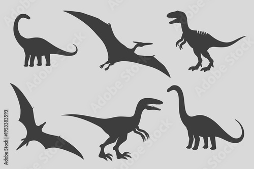 Diplodocus, Raptor, Prehistoric dinosaur silhouett illustration. prehistoric reptile poses set, black isolated Jurassic icons, editable shapes, flat vector illustration bundle design