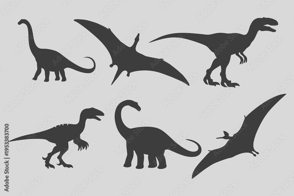 Obraz premium Diplodocus, Raptor, Prehistoric dinosaur silhouett illustration. prehistoric reptile poses set, black isolated Jurassic icons, editable shapes, flat vector illustration bundle design