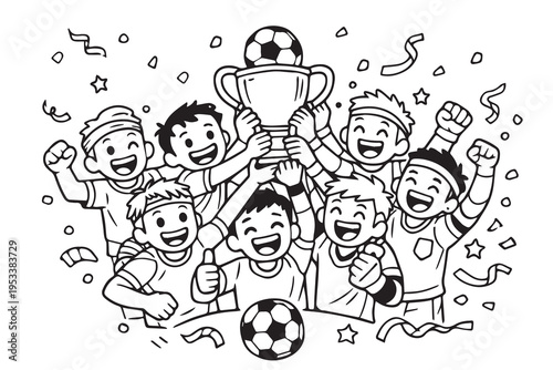 Vector illustration of many boys holding a trophy after winning a soccer competition, showing joyful expressions, teamwork, and celebration in a lively and cheerful scene.