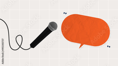 halftone collage microphone interview concept and orange speech bubble on grid background. for communication, media content creation, quoting text