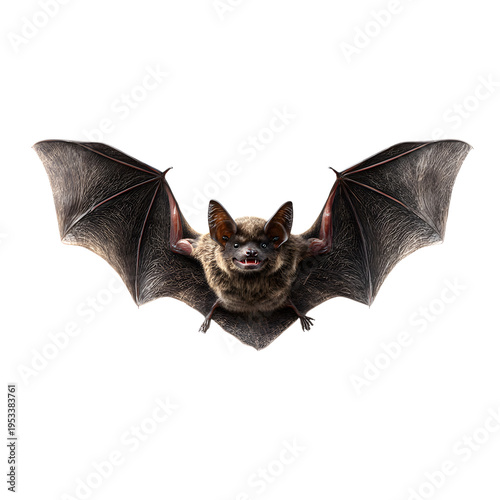 A small bat in flight, dark forest background 