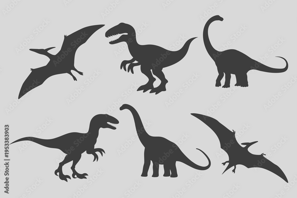 Obraz premium Raptor, diplodocus, prehistoric dinosaur silhouette collection illustration. Dinosaur and Mammoth Vector set. T-Rex, Triceratops, Pterodactyl