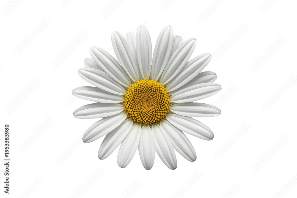 Obraz premium Daisy flower head with white petals and yellow center blooming, representing nature, spring, and purity with transparent background