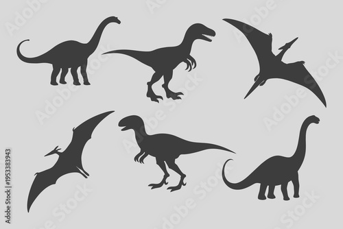 Raptor, diplodocus, prehistoric dinosaur silhouette collection illustration. Dinosaur and Mammoth Vector set. T-Rex, Triceratops, Pterodactyl