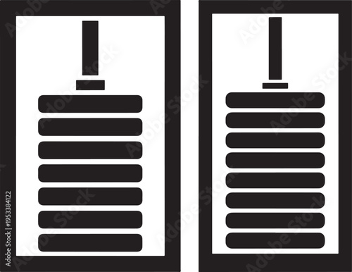 Two black silhouette icons representing stacks of weight plates, simple vector graphic for fitness, gym, strength training, and exercise, Weight Plate