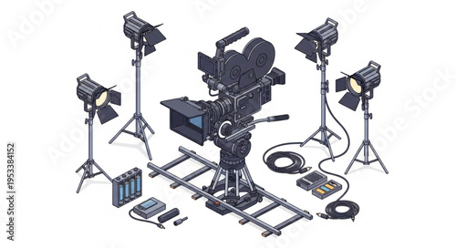 Vintage film camera and lighting equipment setup for movie production.