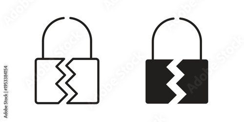 Broken lock icon symbols, Solid black and editable stroke icons