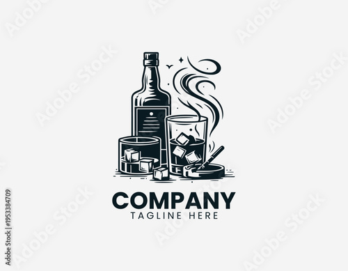 Whiskey glass bottle and cigarette ashtray black vector logo illustration isolated on white background