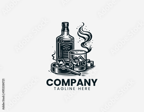 Whiskey glass bottle and cigarette ashtray black vector logo illustration isolated on white background
