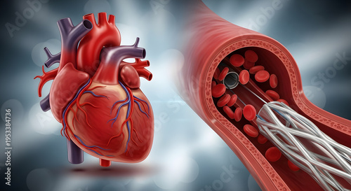 Human heart anatomy alongside a coronary artery stent procedure, illustrating cardiovascular intervention