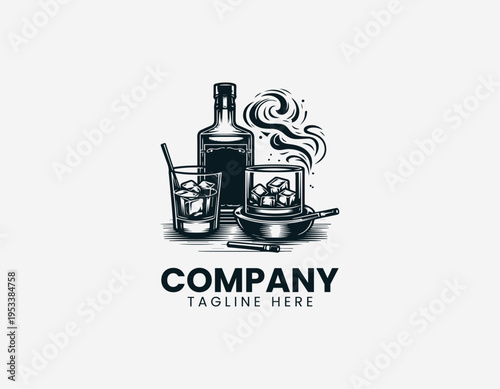 Whiskey glass bottle and cigarette ashtray black vector logo illustration isolated on white background