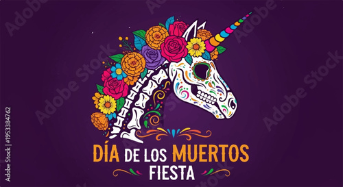 Vibrant dia de los muertos fiesta celebration with sugar skull unicorn flowers and colorful text on dark purple background