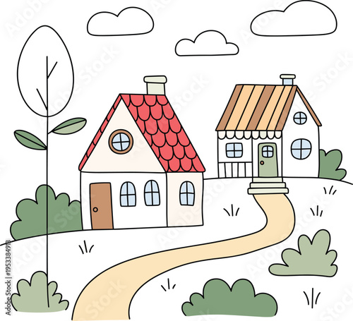 Cute village houses illustration, cozy countryside homes, cartoon landscape scene, rural living concept, hand drawn style, nature background vector