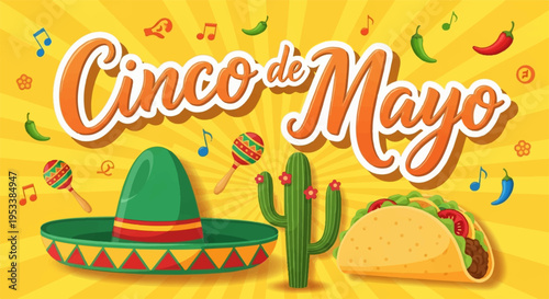 Vibrant cinco de mayo celebration graphic with sombrero cactus taco and festive music notes on yellow background