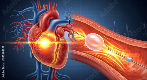 Human heart and artery with balloon angioplasty procedure clearing plaque for improved blood flow