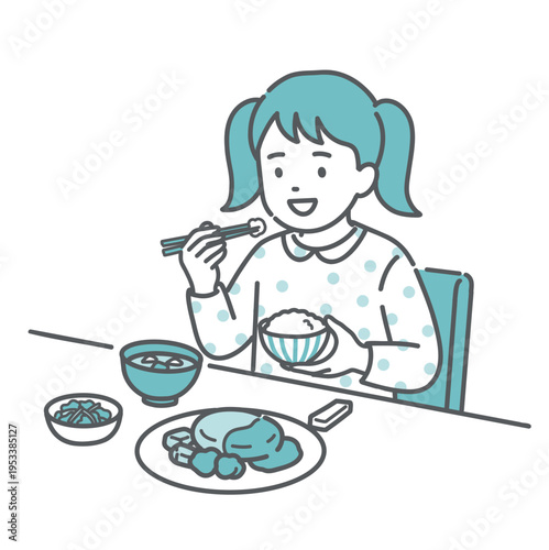 バランスの良い食事をとる女の子（子供）のイラスト
