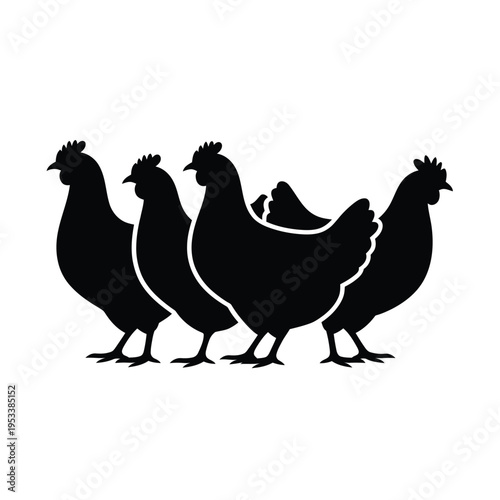 A silhouette depiction of four chickens standing closely together in a row