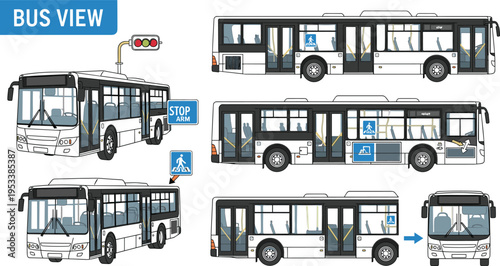 City Bus Illustration Set with Multiple Views Urban Public Transport Vehicle Design Front Side Interior and Traffic Elements for Transit Systems and Mobility Graphics