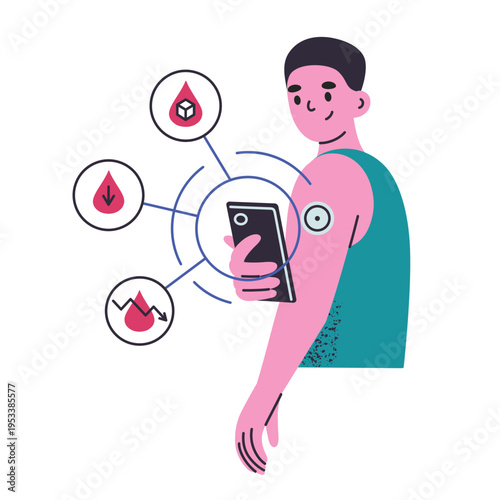 Flat cartoon man with continuous glucose monitor patch on arm, checking blood sugar level on smartphone app. Diabetes management and health tracking, wearable glucometer sensor vector illustration
