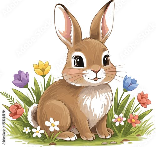 Cute Bunny Rabbit Illustration with Flowers and Grass Cartoon Animal Character Spring Nature Design for Kids Nursery Decor Easter and Greeting Card Graphics