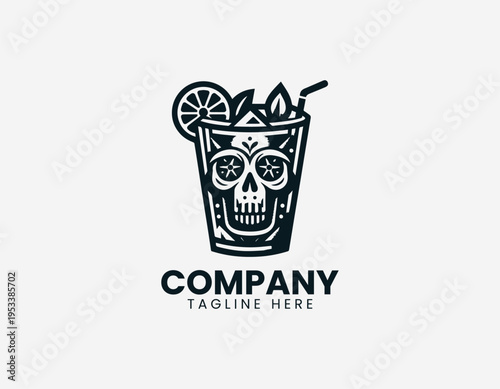 Skull cocktail drink with citrus garnish in clean modern edgy bar vector illustration style