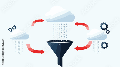 Large funnel collecting data from raining clouds represents the process of information gathering and analysis workflow.