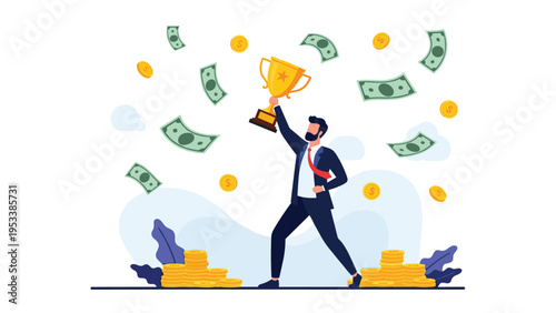 Happy businessman holding a gold trophy while money and coins rain down celebrates financial success and achievement.
