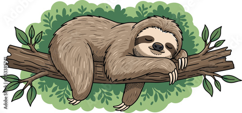 Cute Sloth Sleeping on Tree Branch Illustration with Forest Leaves Cartoon Animal Wildlife Design for Relaxation Nature Themes and Kids Friendly Graphics