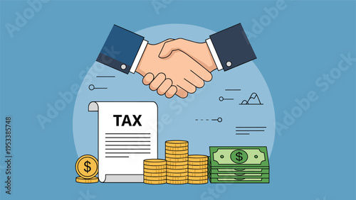 Successful business agreement and tax payment concept with two hands shaking over official tax document and piles of cash.