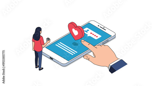 Social media interaction concept with hand touching red heart like icon on smartphone screen and young woman standing nearby.