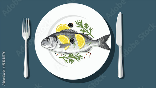Delicious grilled fish served on white plate with lemon slices, black olives, and fresh dill herbs against blue background.